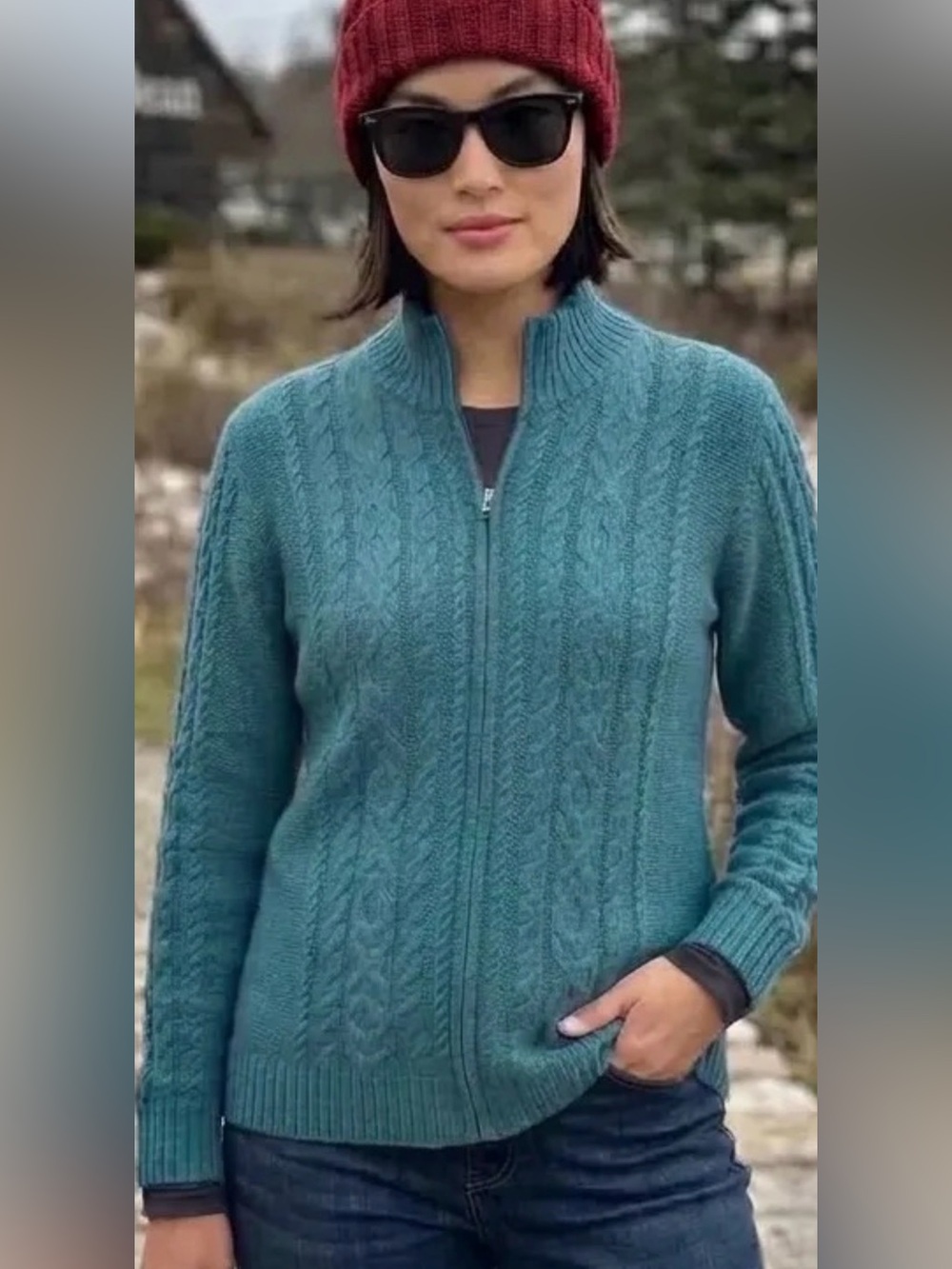 LL Bean XL Cotton Cardigan Sweater Women Full Zip Cable Knit Fisherman